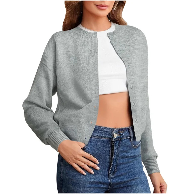 Amidoa Long Sleeve Cardigans for Women Light Cardigan Gray Knit Thin Button up Solid Cardigans fo... | Walmart (US)