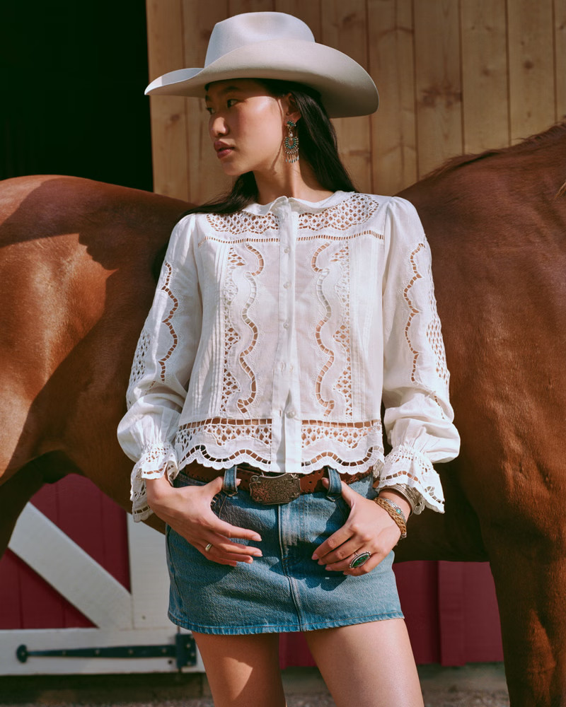 Long-Sleeve Eyelet Lace-Trim Top | Abercrombie & Fitch (US)