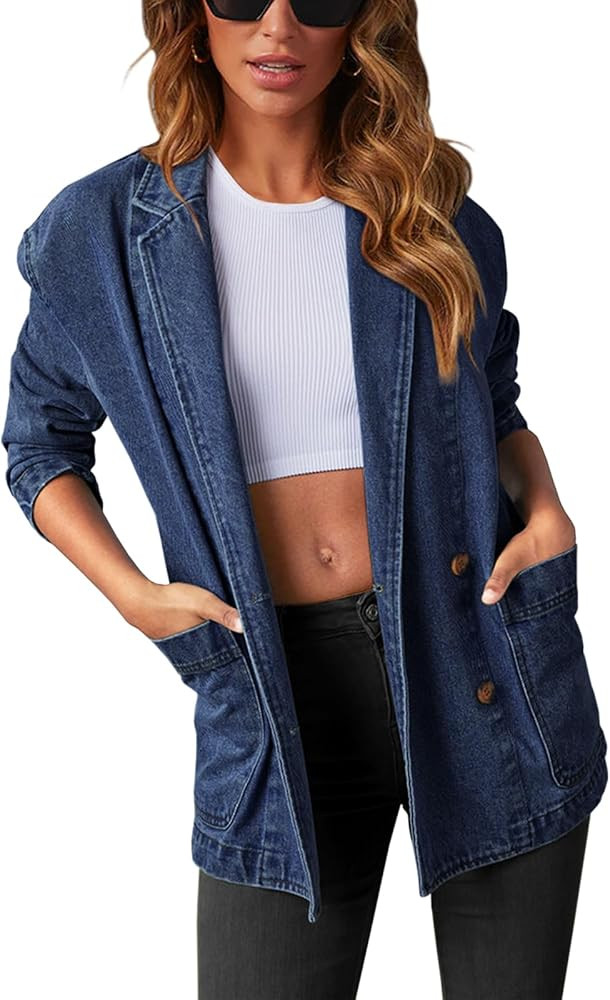 Tankaneo Womens Oversized Denim Jacket Casual Button Up Blazer Notched Lapel Jean Shacket Coat | Amazon (US)
