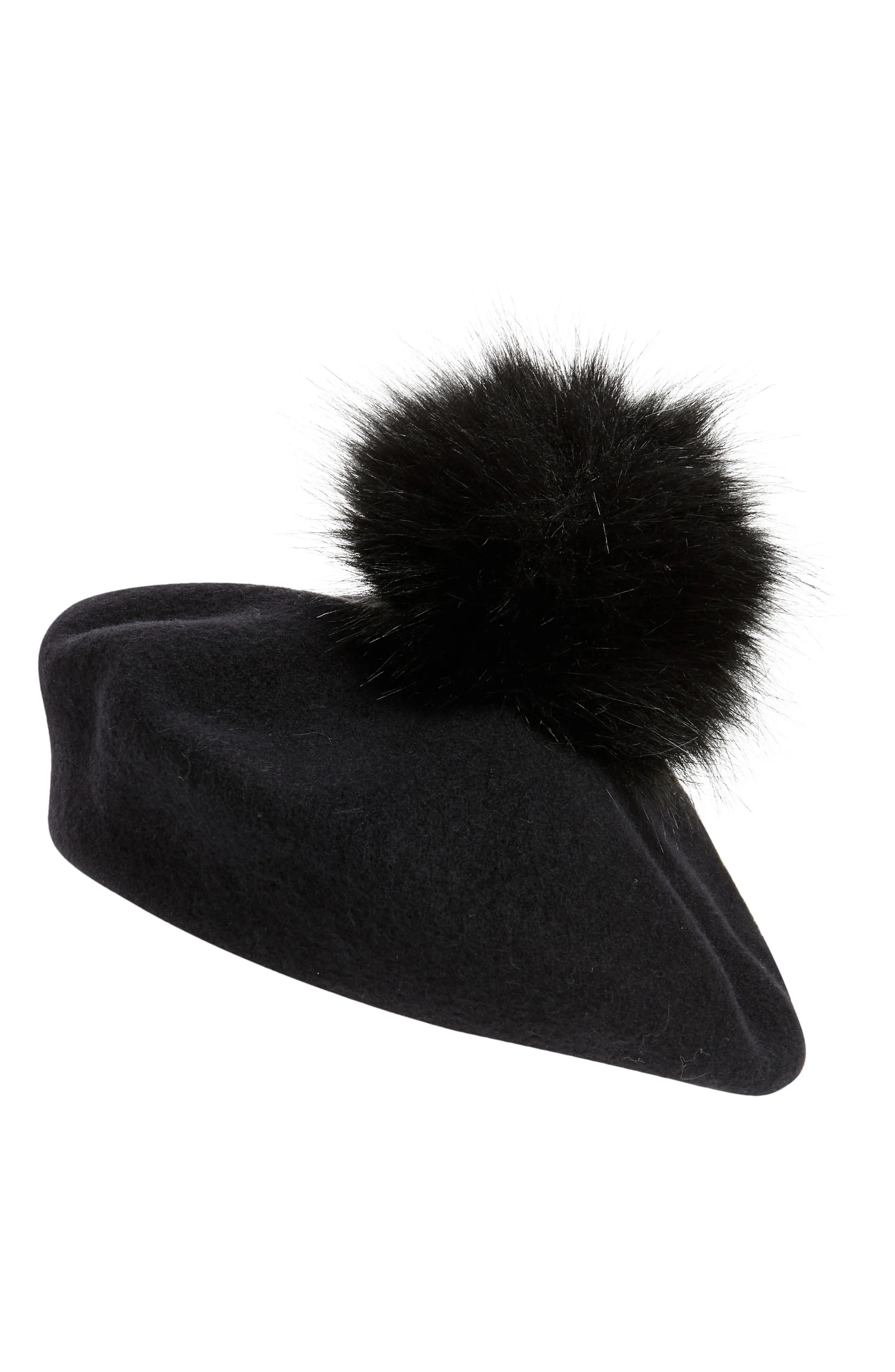 Kyi Kyi Wool Beret with Faux Fur Pom in Black/Black at Nordstrom | Nordstrom