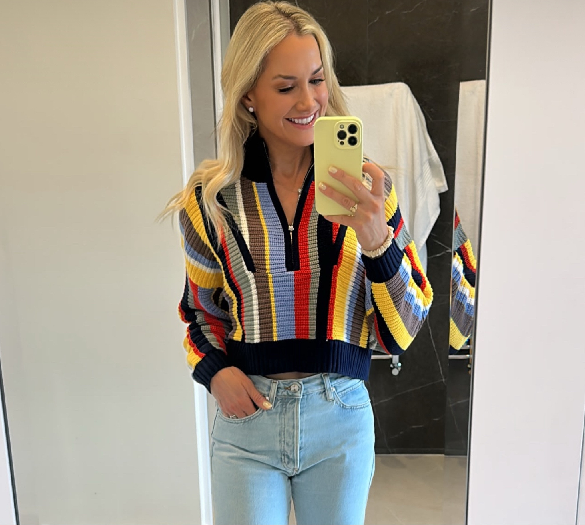 Love this 1/4 zip crop sweater and flared frame jeans! Got so many compliments!