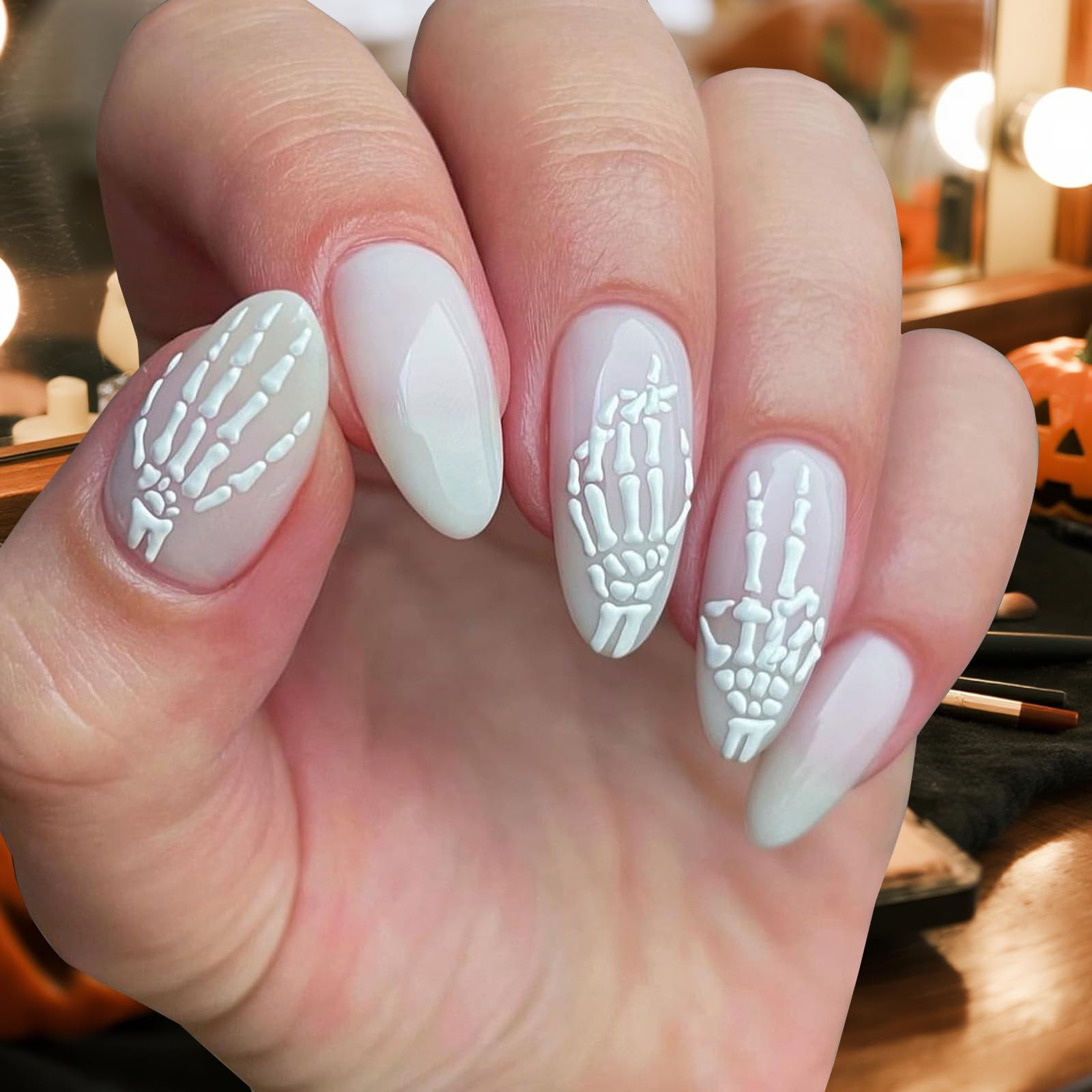 Halloween Press on Nails, Medium Size Pointed Short Almond Fake Nailkit, 24pc 3D Skull and White ... | Amazon (US)