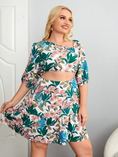 Plus Floral & Tropical Print Asymmetrical Neck Cut Out Dress | SHEIN