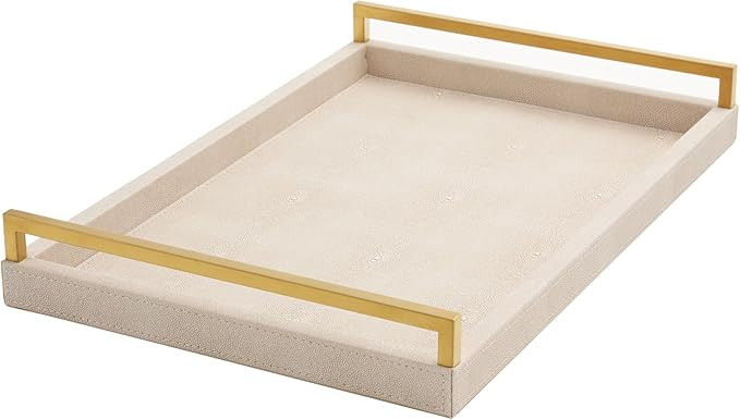 WV Ivory Shagreen Leather Serving Tray with Gold Handles, Light Weight, 17.7x11.8 Large Decorativ... | Amazon (US)