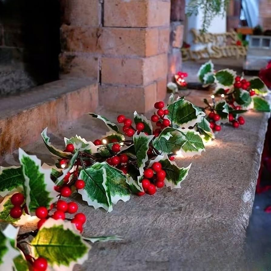 2Pcs Christmas Artificial Garland Xmas Berry Holly Leaves Red Berries Hanging Vine for Christmas ... | Amazon (UK)