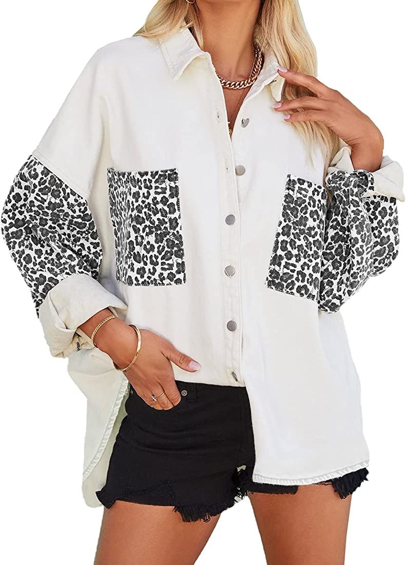 Happy Sailed Womens Leopard Contrast Denim Jackets Oversized Long Sleeve Button Down Jean Shacket... | Amazon (US)