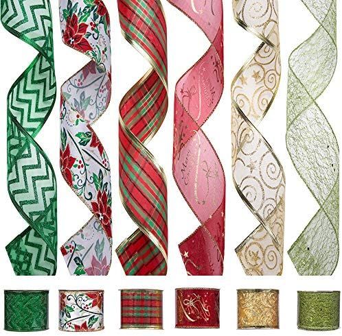 iPEGTOP Wired Christmas Ribbon, Assorted Organza Swirl Sheer Glitter Crafts Gift Wrapping Ribbons... | Amazon (US)