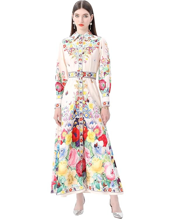 LAI MENG FIVE CATS Women's Vintage Floral Print Belt Maxi Dress Flowy Casual Button Up Split Long... | Amazon (US)