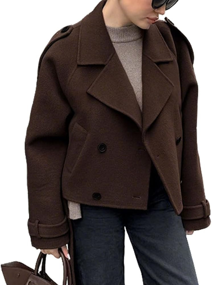 CHARTOU Women Crop Wool Pea Coat Lapel Collar Office Work Short Winter Jacket Trench Coat | Amazon (US)
