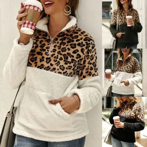 2019 Winter Fleece Sweater Fashion Leopard Patchwork Fluffy Thick Sweaters Warm Zipper Pullovers ... | Walmart (US)
