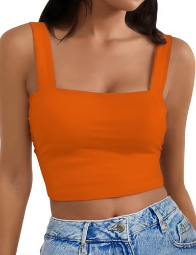 AURUZA Square Neck Tops for Women, Sleeveless Crop Tops Women, Sexy Cropped Double Layered Tank Tops, Womens Workout Basic Tops(Orange,Small) | Amazon (US)