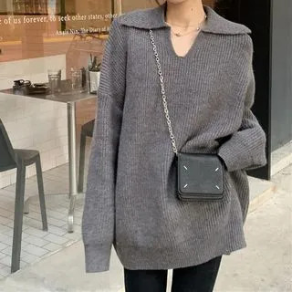Long-Sleeve Plain V-Neck Polo Collar Knit Sweater Gray - One Size | YesStyle Global