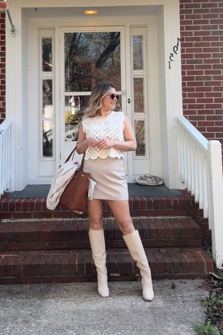 Skort outfit with a crochet tank top and knee high boots for spring outfit ideas  

#LTKSeasonal #LTKfindsunder50 #LTKstyletip