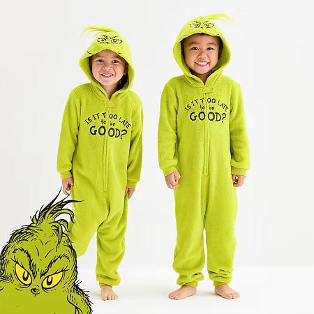 Toddler Unisex Dr. Seuss Grinch Fleece Hooded Long Sleeve Matching Family One Piece Pajama, 4t, Green | JCPenney