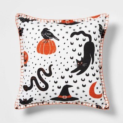 Black Cat and Pumpkin Square Halloween Throw Pillow White - Hyde & EEK! Boutique™ | Target