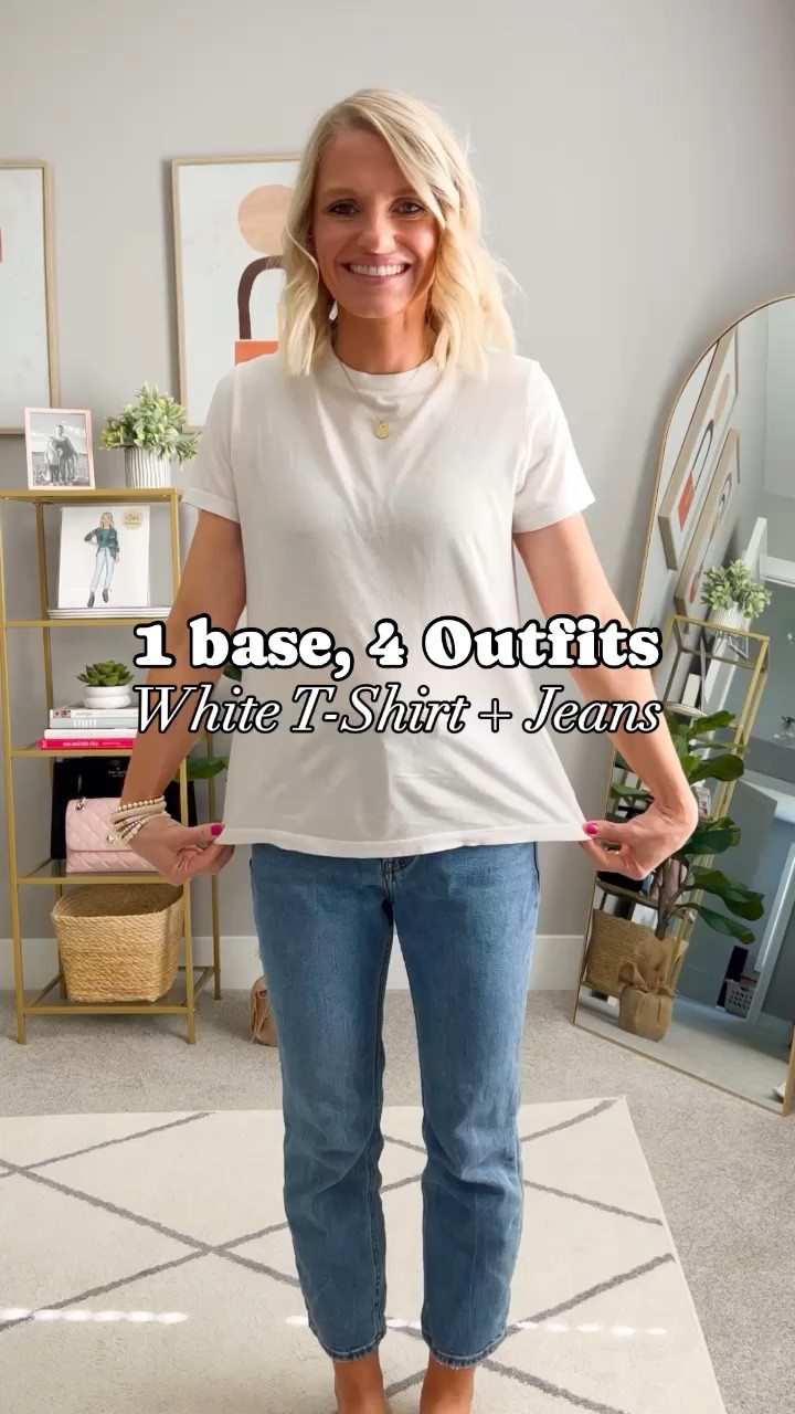 1 Base, 4 Outfits: White T-Shirt + Jeans
Tee- small
Jeans- 26/short
Lady jacket- small
Blazer- xs

#LTKSeasonal #LTKstyletip #LTKfindsunder100