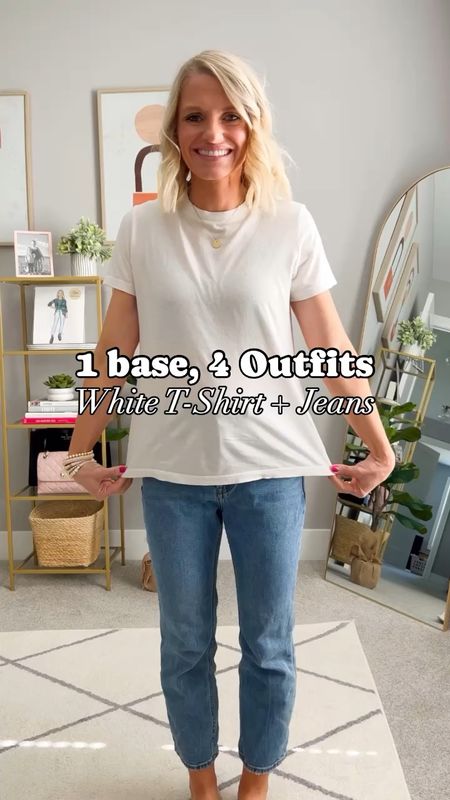 1 Base, 4 Outfits: White T-Shirt + Jeans
Tee- small
Jeans- 26/short
Lady jacket- small
Blazer- xs

#LTKSeasonal #LTKstyletip #LTKfindsunder100