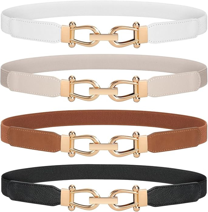 WERFORU Women Skinny Belt for Dresses Retro Stretch Waist Belt with Gold Buckle Set of 4 | Amazon (US)