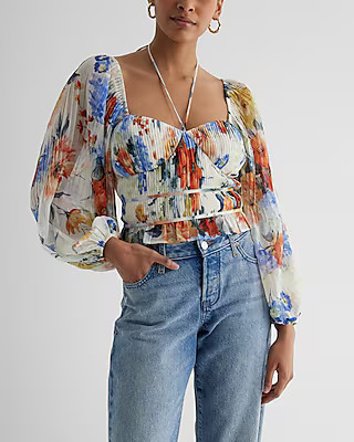 Floral Pleated Long Sleeve Top | Express