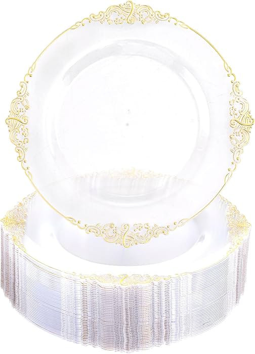 Morejoy 100 Pieces Gold Plastic Plates - Clear Gold Disposable Plates - 10.25inch Clear Plastic D... | Amazon (US)
