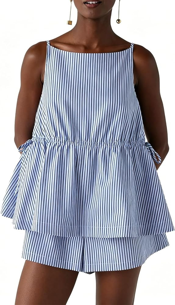 Mxiqqpltky Y2k Striped Womens Pajama Sets Shorts Sleeveless Babydoll Tank Tops and Wide Leg Boxer... | Amazon (US)