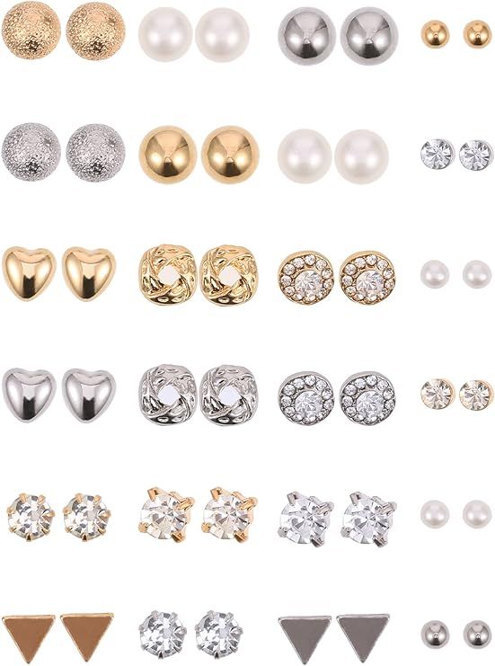 Amazon.com: 24 Pairs Stud Earrings Crystal Pearl Earring Set Ear Stud Jewelry for Girls Women Men... | Amazon (US)