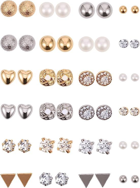 Amazon.com: 24 Pairs Stud Earrings Crystal Pearl Earring Set Ear Stud Jewelry for Girls Women Men... | Amazon (US)