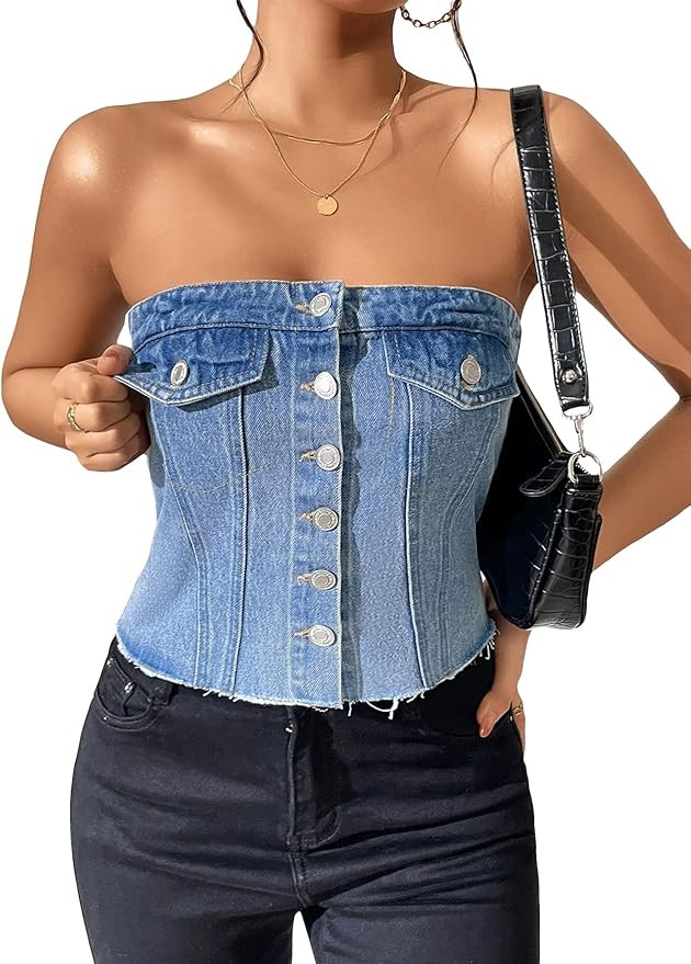 WDIRARA Women's Raw Hem Button Front Crop Blouse Strapless Sleeveless Tube Denim Top | Amazon (US)