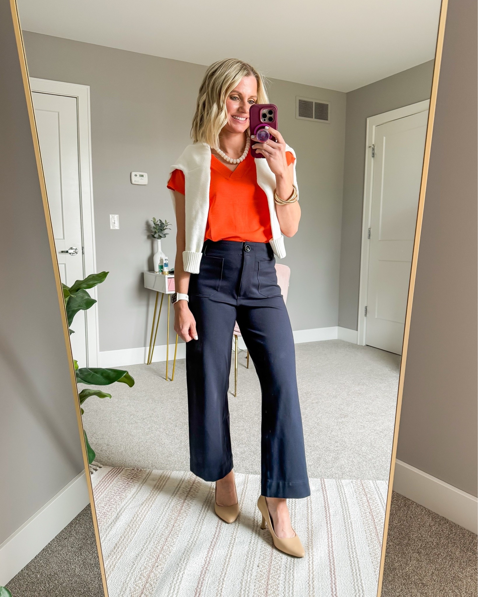 I love this orange top with cropped wide leg navy pants. 
Top- small
Pants- 25
Cardigan- xs

#LTKootd #LTKWorkwear #LTKPetite