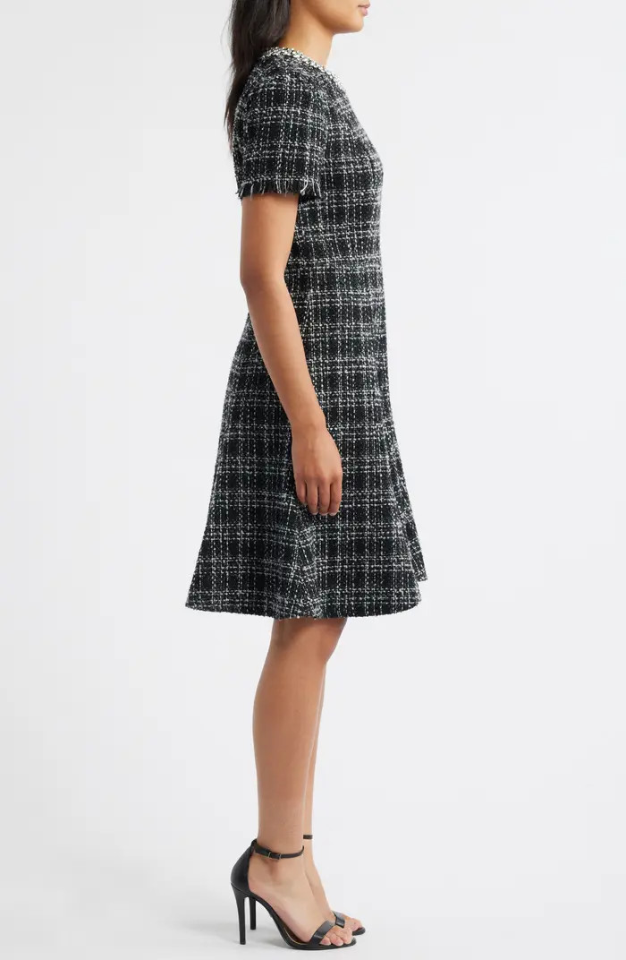 Eliza J Rhinestone Trim Fit & Flare Tweed Dress | Nordstrom | Nordstrom