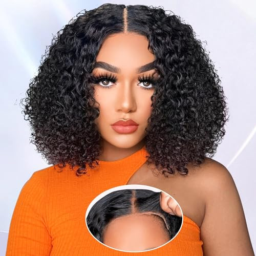AISI Cyrly Bob Wig Human Hair 1800% Density Wear And Go Glueless Wigs 5x5 Hd Lace Closure Wigs Human Hair Curly Wigs For Black Women Ready to Wear Glueless Wig with Elastic Band for Beginner 10 Inch | Amazon (US)