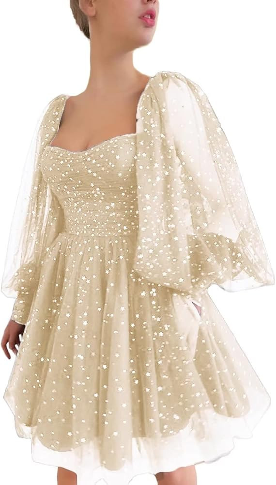 Xijun Sparkle Starry Tulle Homecoming Dress for Teens Puffy Sleeve Prom Dress Formal Evening Gown... | Amazon (US)