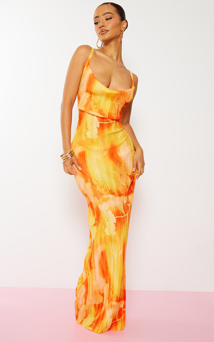 Petite Orange Abstract Floral Plisse Maxi Dress | PrettyLittleThing US