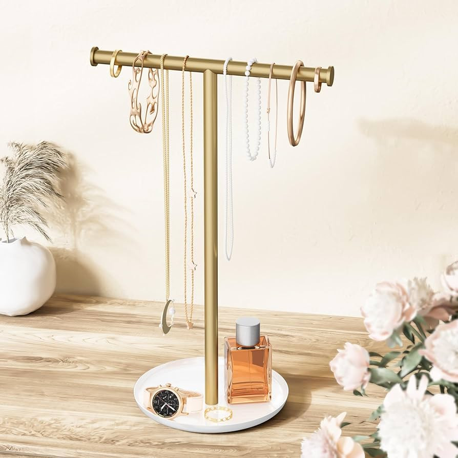 Gold Necklace Organizer Stand with Storage Tray - 12.6" Tall T-Shaped Jewelry Holder Stand for Br... | Amazon (US)