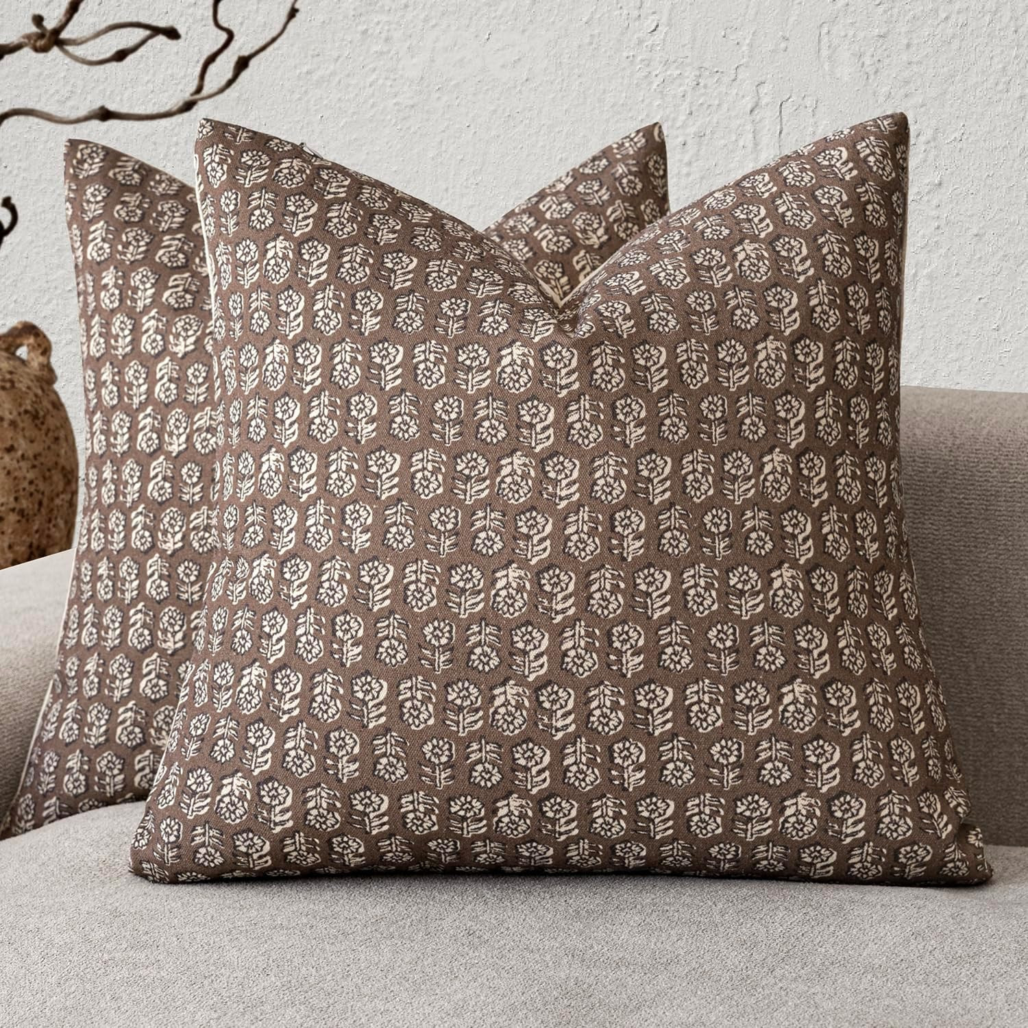 Foindtower Set of 2 Decorative Neutral Floral Print Throw Pillow Covers Vintage Accent Farmhouse Cushion Covers Boho Home Decor for Sofa Chair Couch Bedroom Living Room,18×18 Inch,Brown | Amazon (US)