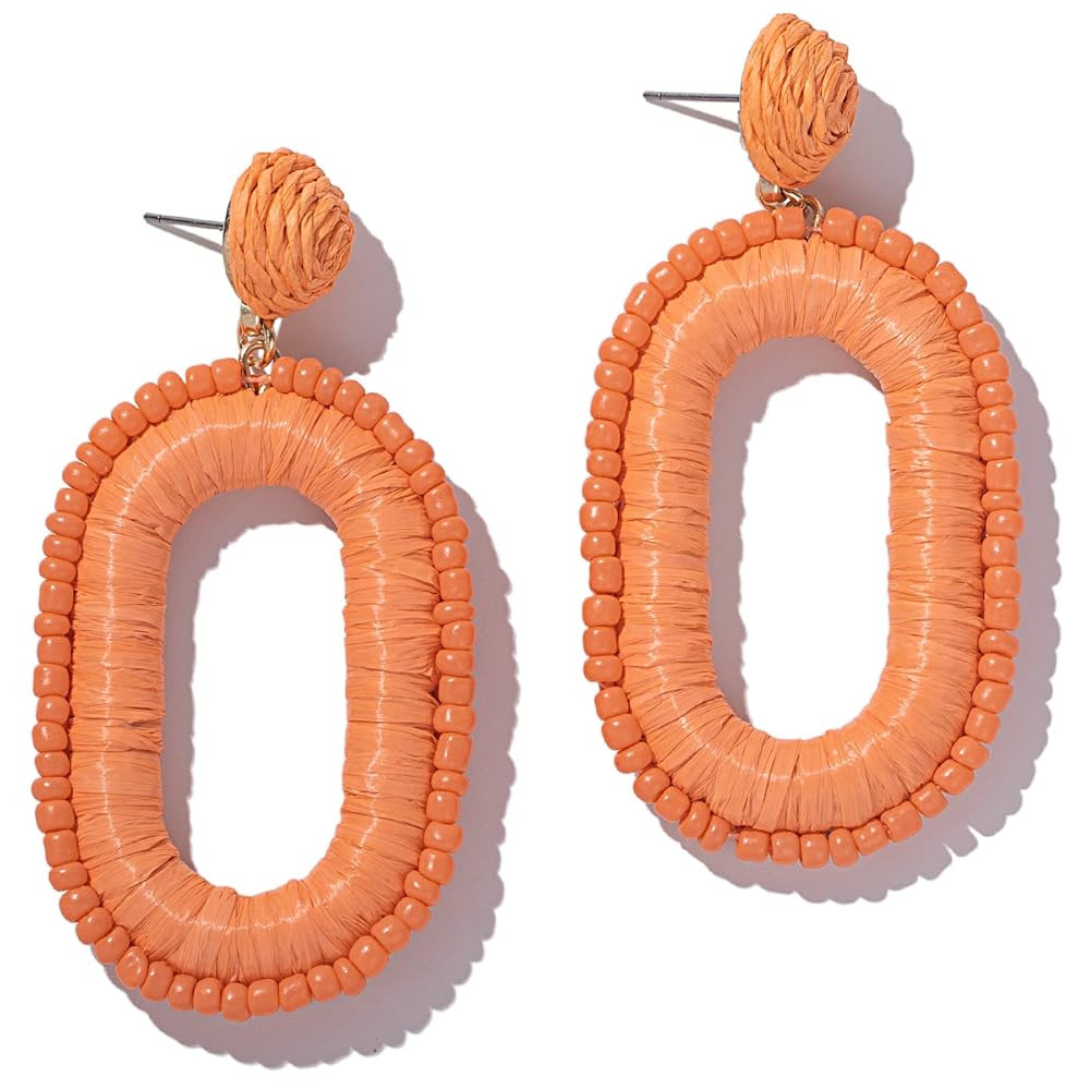 Beaded Raffia Boho Earrings - Cute Seed Bead Square Drop Dangle Earrings for Summer | Amazon (US)