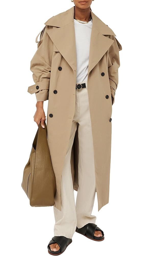 Farktop Womens Oversized Long Trench Coat Double Breasted Lapel Windproof Overcoat with Belt | Amazon (US)