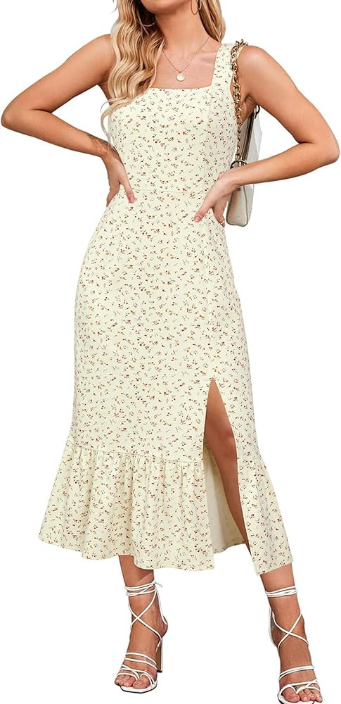 Newshows Womens 2025 Summer Beach Floral Midi Dress Spring Vacation Outfits Square Neck Ruffle Sp... | Amazon (US)
