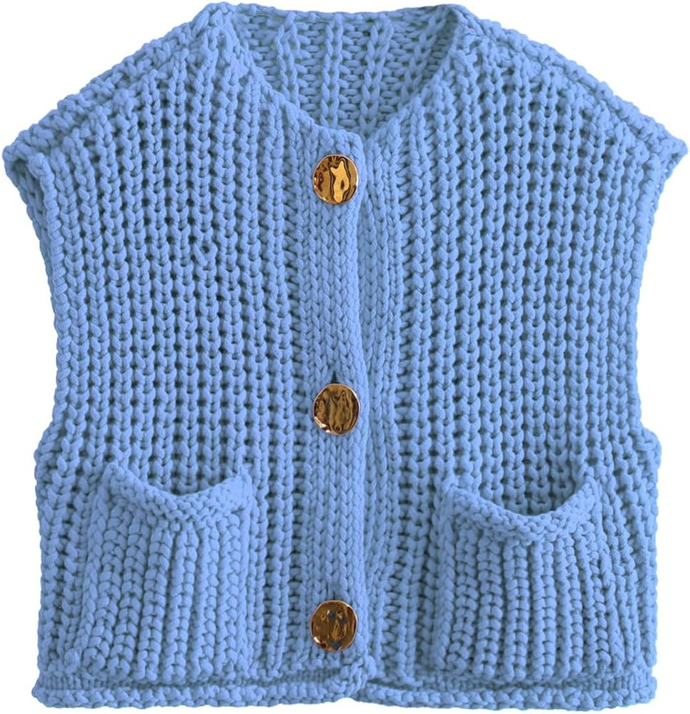Womens Crochet Chunky Knit Sweater Vest Crop Sleeveless Button Down Vest Trendy Cardigan Top for ... | Amazon (US)