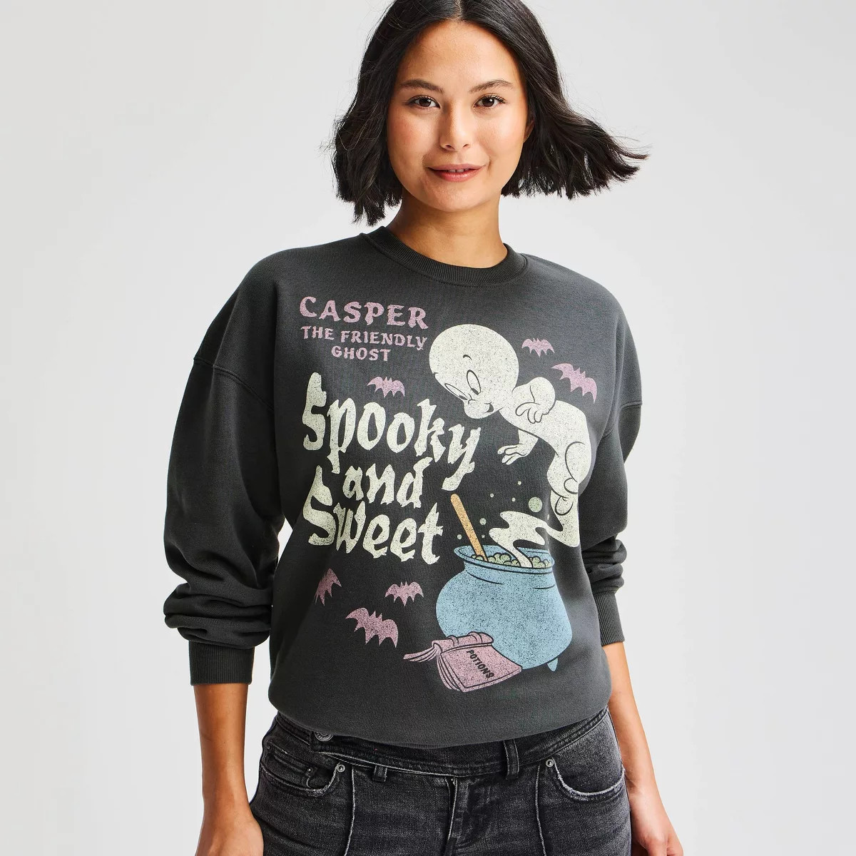 Women's Casper Fleece Crewneck Graphic Pullover Sweatshirt - Charcoal Gray L | Target
