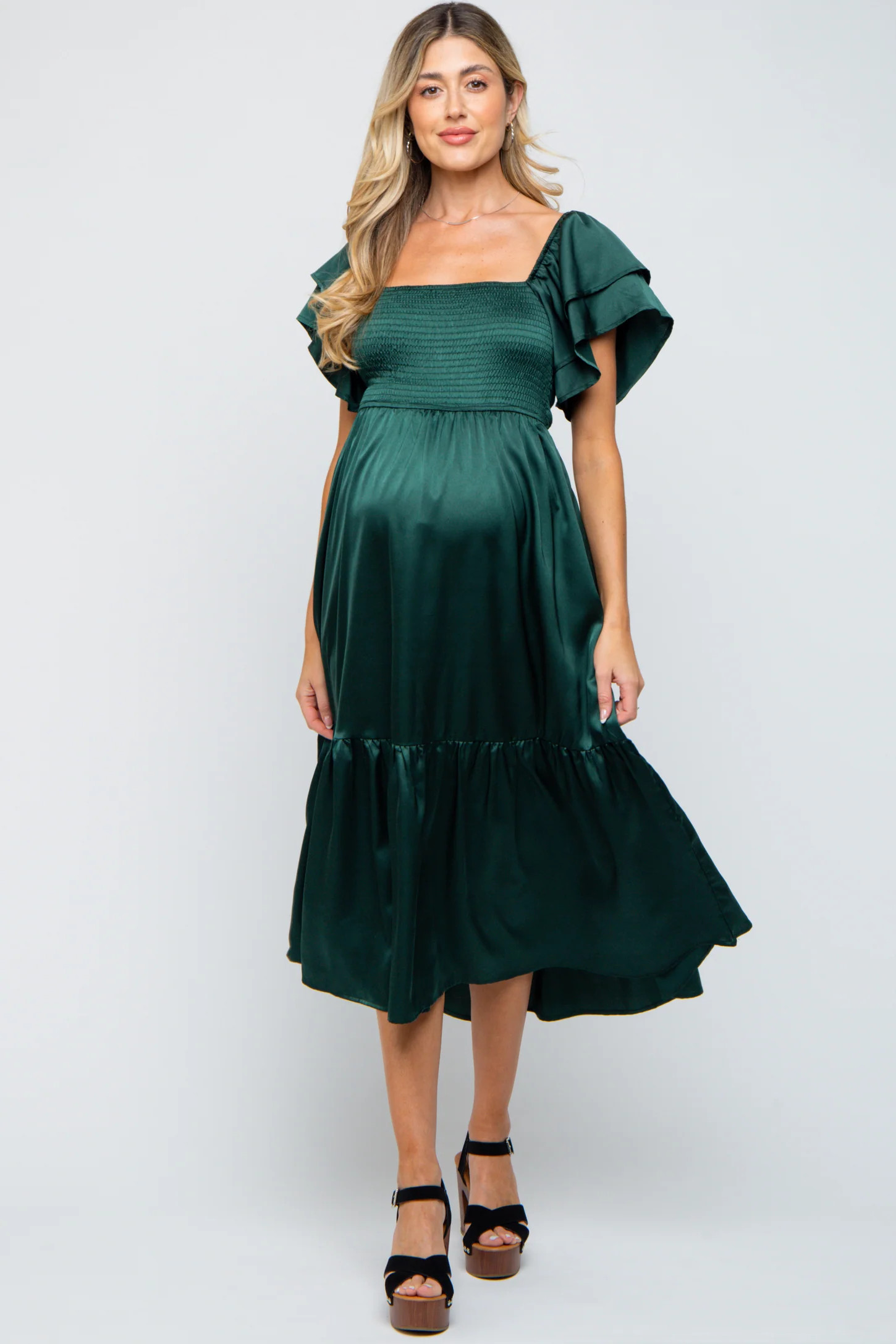 Forest Green Satin Flutter Sleeve Maternity Midi Dress | PinkBlush Maternity