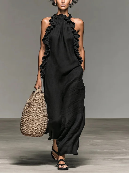 Cotton Casual Plain Peplum Halter Neck Maxi Dress | Stylewe