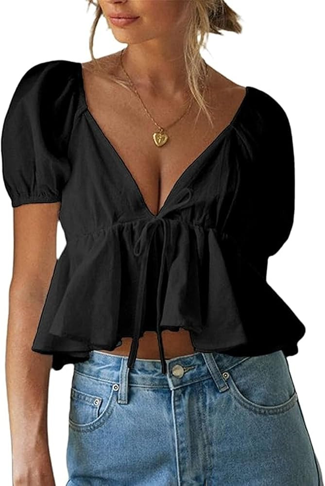 Women's Puff Short Sleeve Tie Up Back Crop Top Deep V Neck Ruffle Hem Peplum Blouse Shirts | Amazon (US)