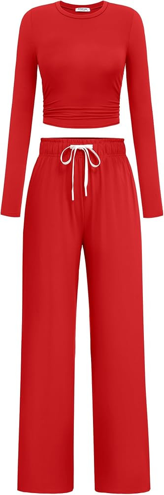 PINSPARK Women 2 Piece Lounge Set Long Sleeve Cropped Top Wide Leg Pants with Pockets 2024 Fall O... | Amazon (US)