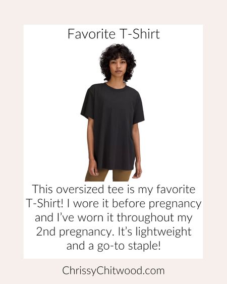 This oversized tee is my favorite T-Shirt! I wore it before pregnancy and I’ve worn it throughout my 2nd pregnancy. It’s lightweight and a go-to staple!

I got a size 8 and liked the fit before pregnancy and I’ve been wearing the same size throughout my second pregnancy (I’m currently 34 weeks pregnant). 

Lululemon find, favorite finds, maternity fashion, wardrobe essential, black tees

#LTKstyletip #LTKbump #LTKSeasonal
