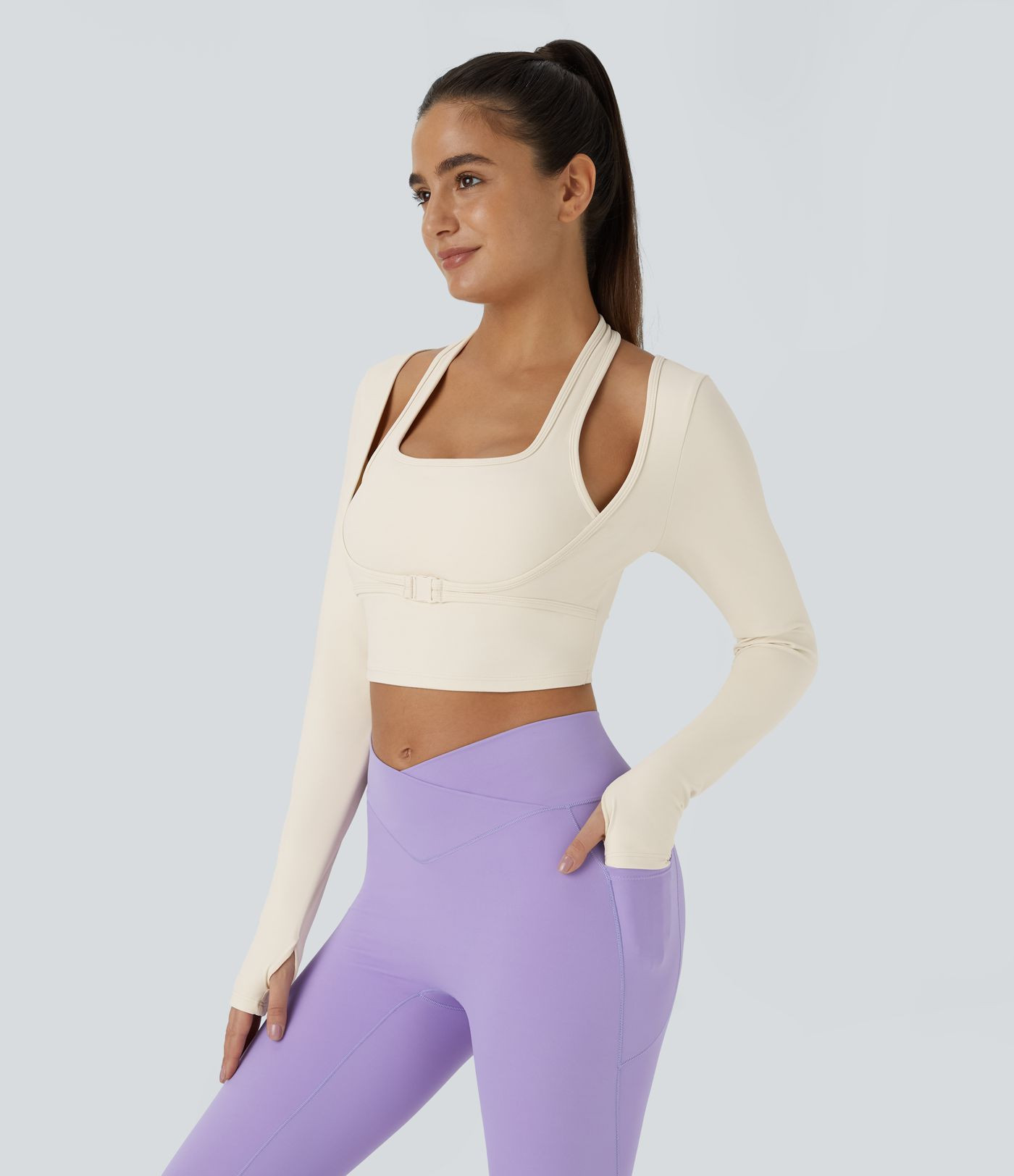 Women’s Softlyzero™ Plush Halter Thumb Hole Long Sleeve Cropped 2-in-1 Yoga Sports Top - Hala... | HALARA