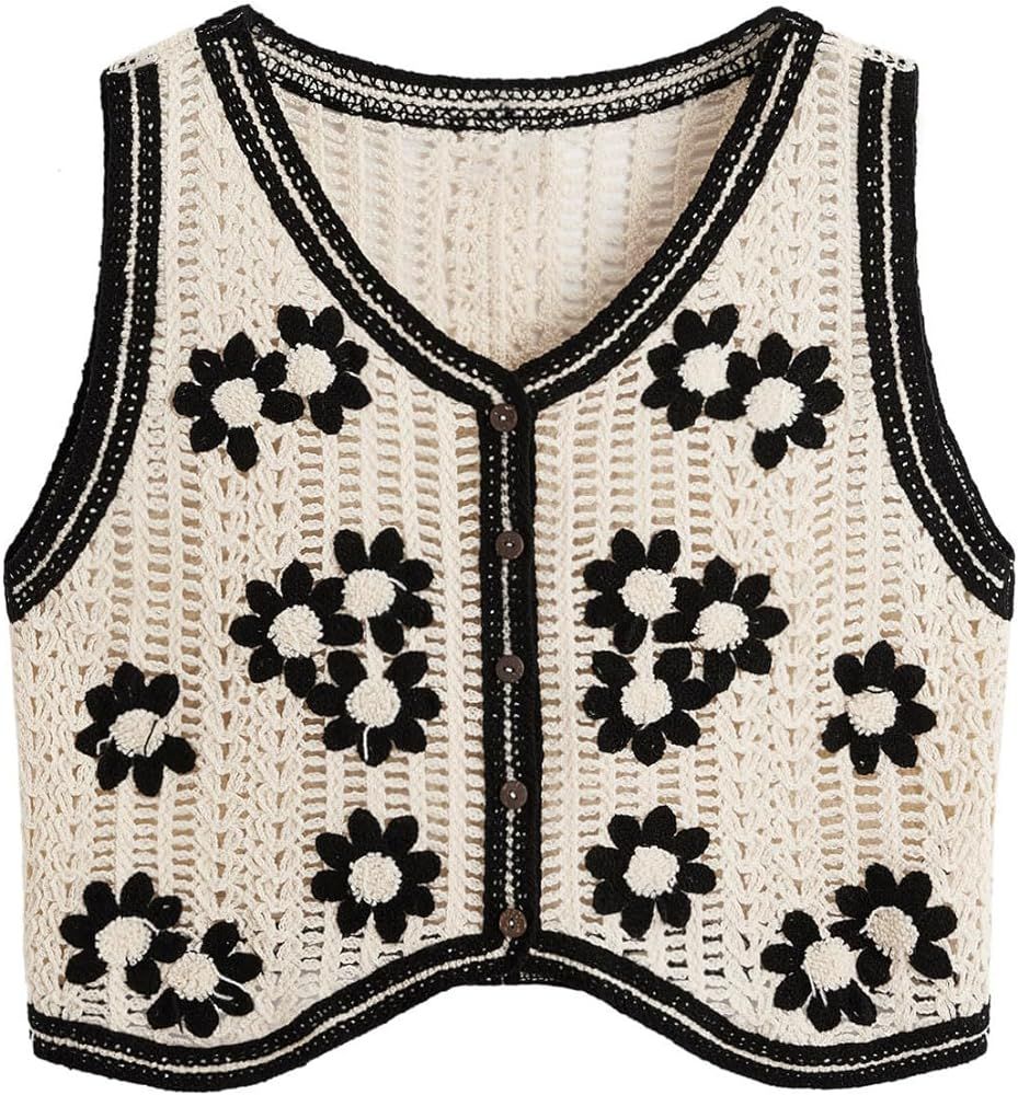 Verdusa Women's Button Front V Neck Sleeveless Floral Pattern Knit Sweater Vest | Amazon (US)