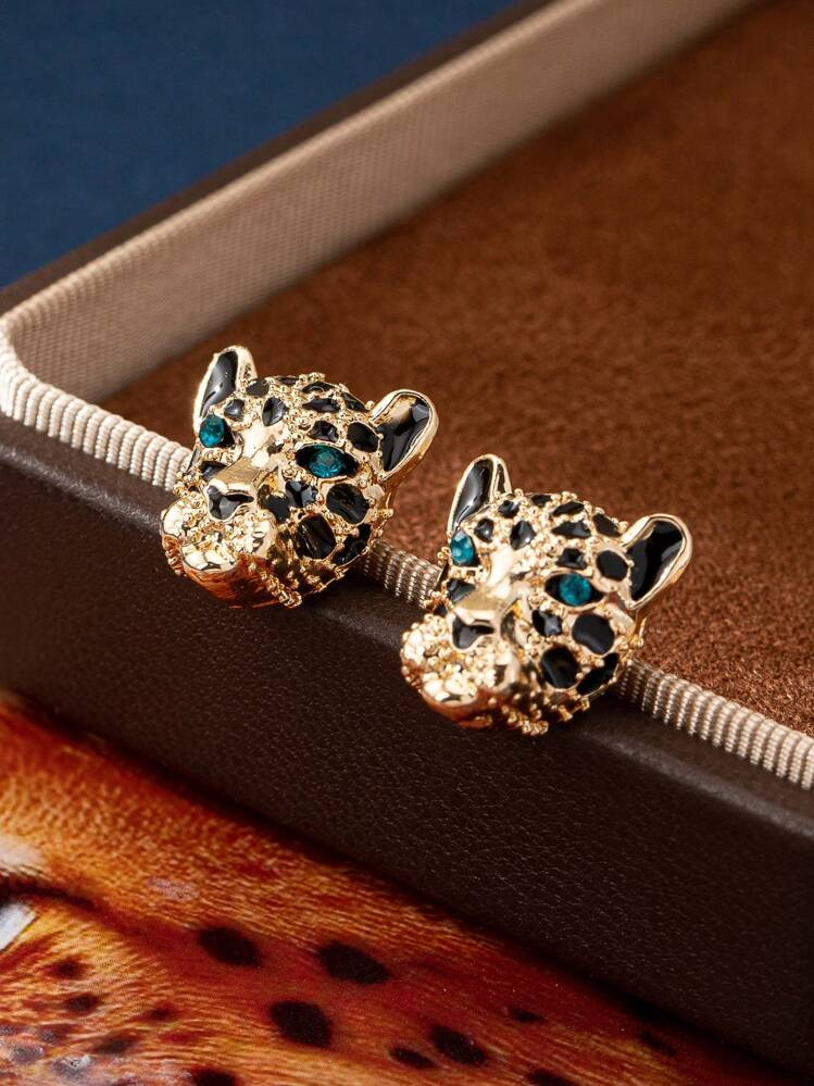 1 Pair Stylish Leopard Head Shaped Zinc Alloy Diamond Earrings For Women | SHEIN