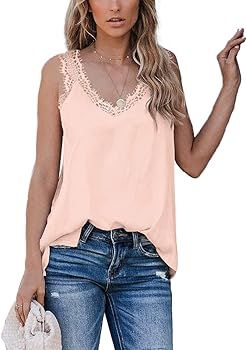 Womens V Neck Lace Tank Tops Summer Casual Loose Sleeveless Shirts Side Split | Amazon (US)