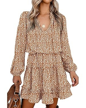 BTFBM Long Sleeve Fall Dresses for Women 2025 Summer Casual Tie Neck Ruffle Tiered A Line Wedding... | Amazon (US)